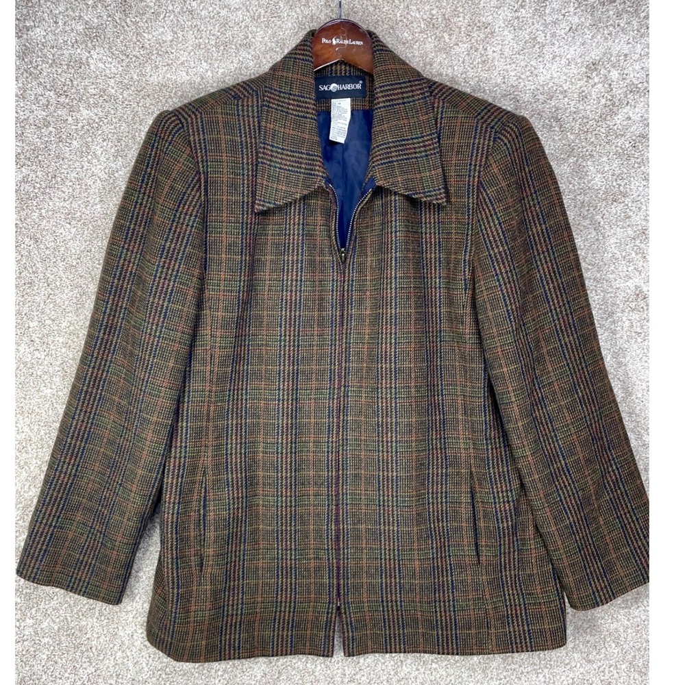 Sag Harbor Wool Blend Plaid Zip Blazer Jacket Womens 14 Brown Vintage Academia
